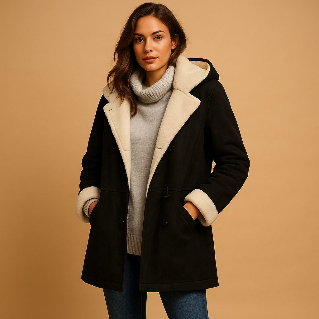 Women’s long hooded winter coat with insulating fabric and modern fit, ideal for cold-weather casual or dressed-up outfits.