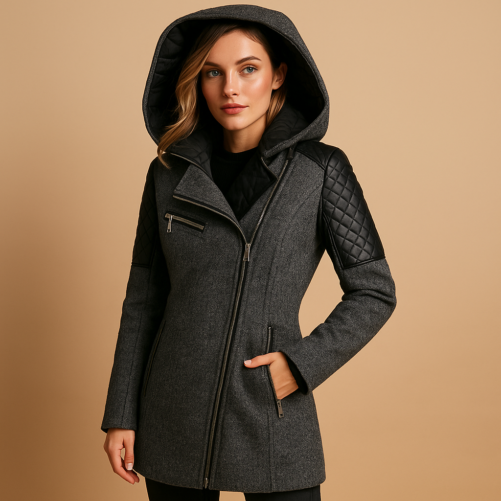 Women’s long insulated winter coat with hood and modern silhouette, designed for warmth and elegant winter styling.