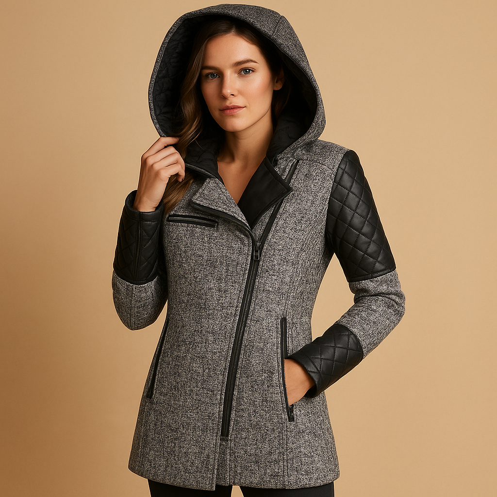 Women’s long insulated winter coat with hood and modern silhouette, designed for warmth and elegant winter styling.