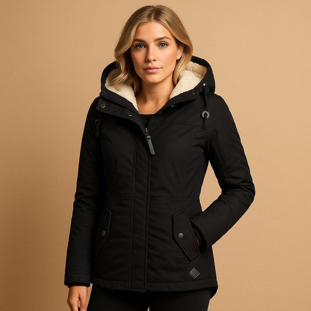 Woman wearing a long insulated winter coat with an elegant silhouette, ideal for cold days, casual outings, and formal occasions.