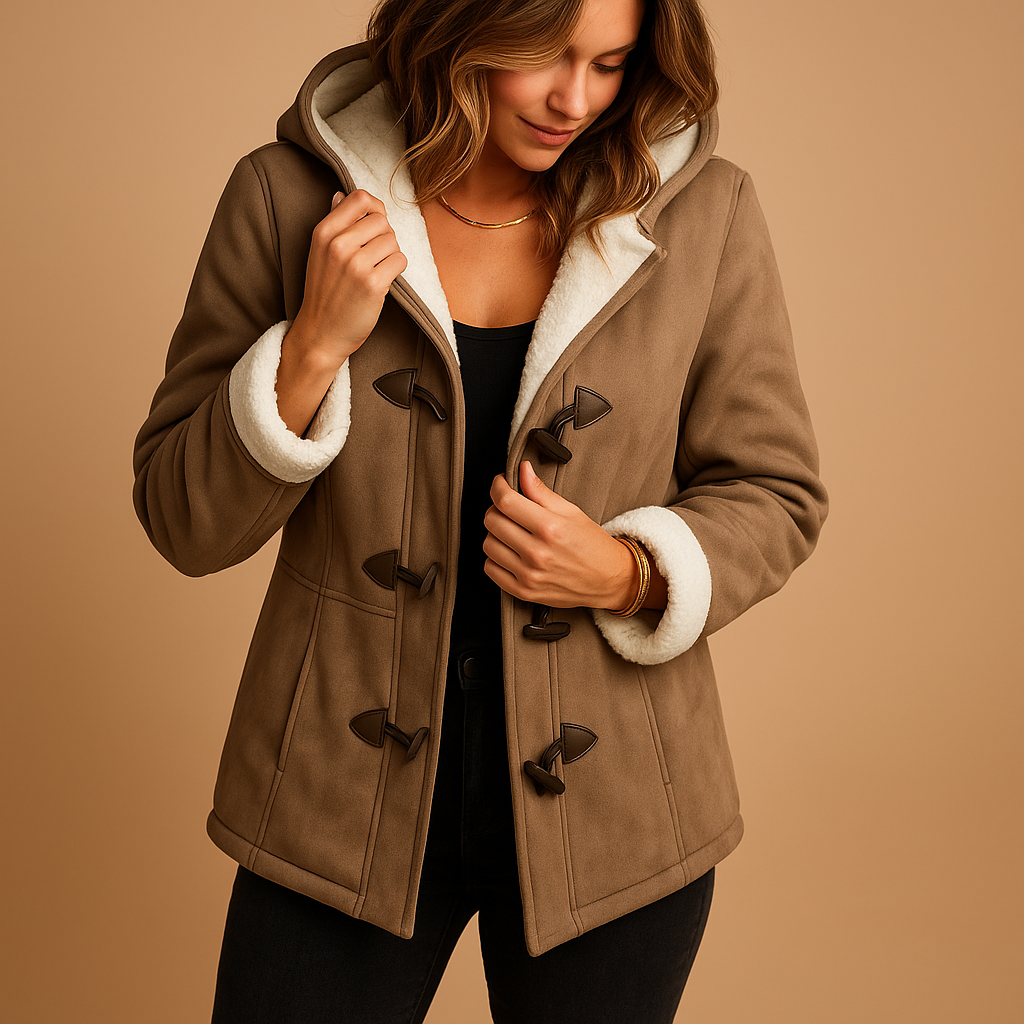 Woman wearing a long insulated winter jacket with adjustable hood, thick lining and wind-repellent exterior, ideal for cold and windy winter weather.