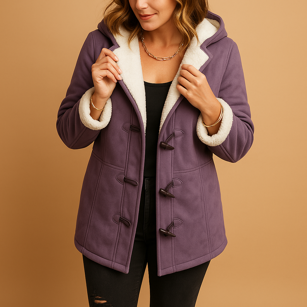 Woman wearing a long insulated winter jacket with adjustable hood, thick lining and wind-repellent exterior, ideal for cold and windy winter weather.