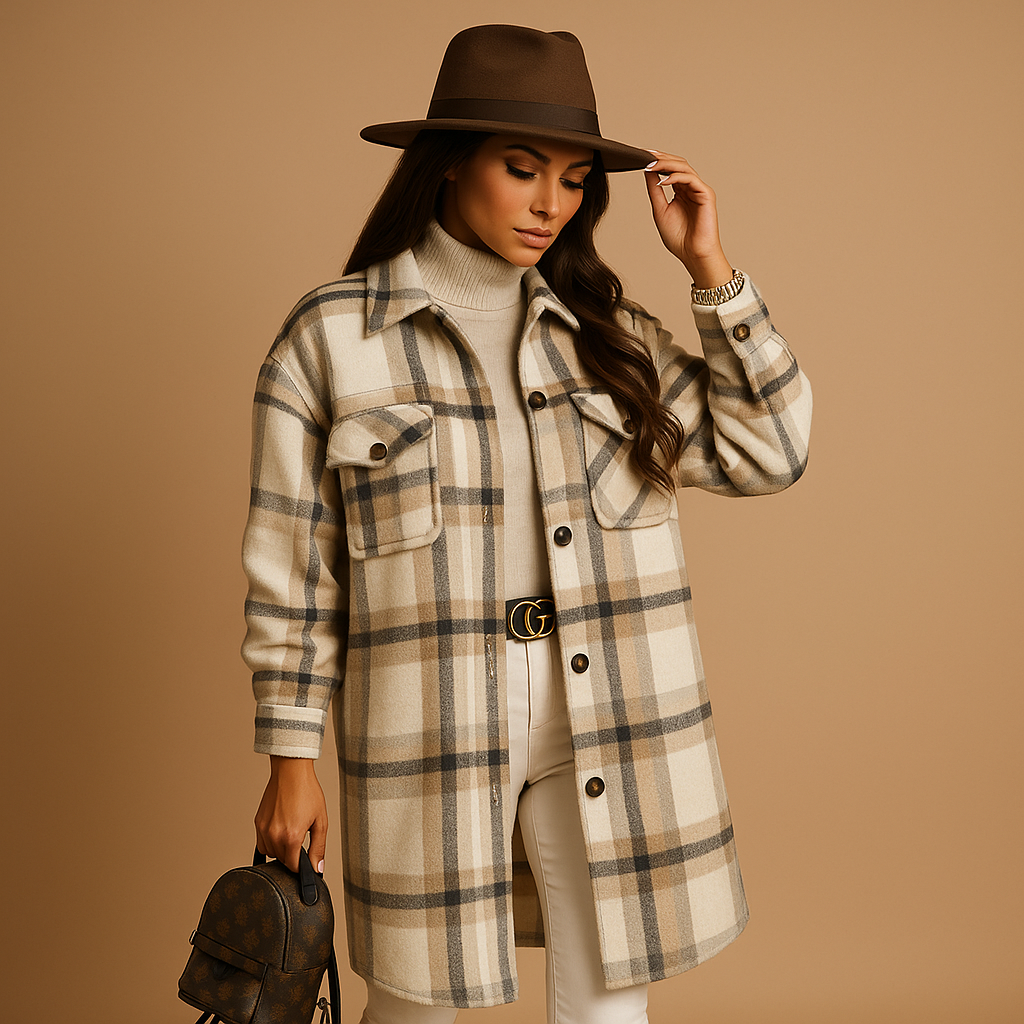 Women’s long plaid wool-look coat with tailored fit, classic lapels, and warm design for stylish everyday or formal wear.