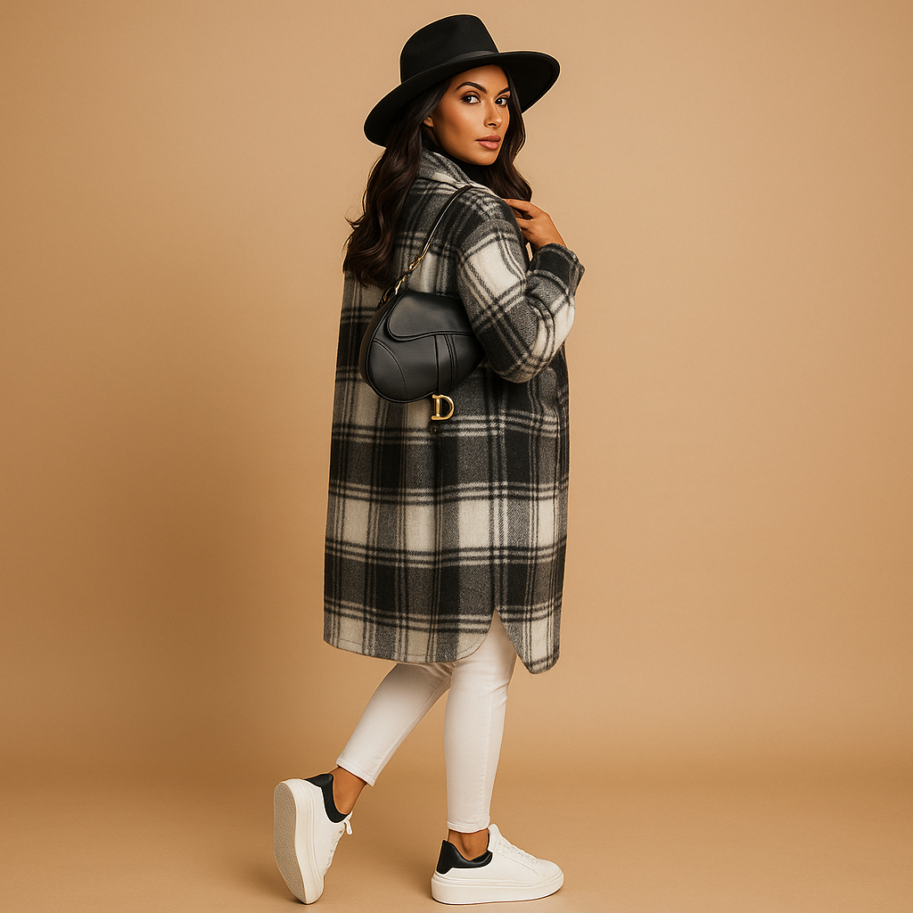 Women’s long plaid wool-look coat with tailored fit, classic lapels, and warm design for stylish everyday or formal wear.