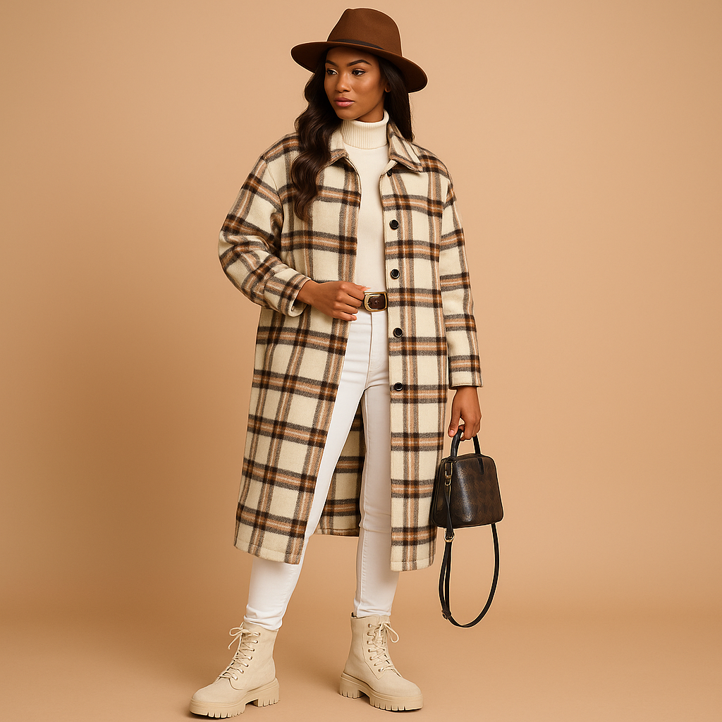 Women’s long plaid wool-look coat with tailored fit, classic lapels, and warm design for stylish everyday or formal wear.