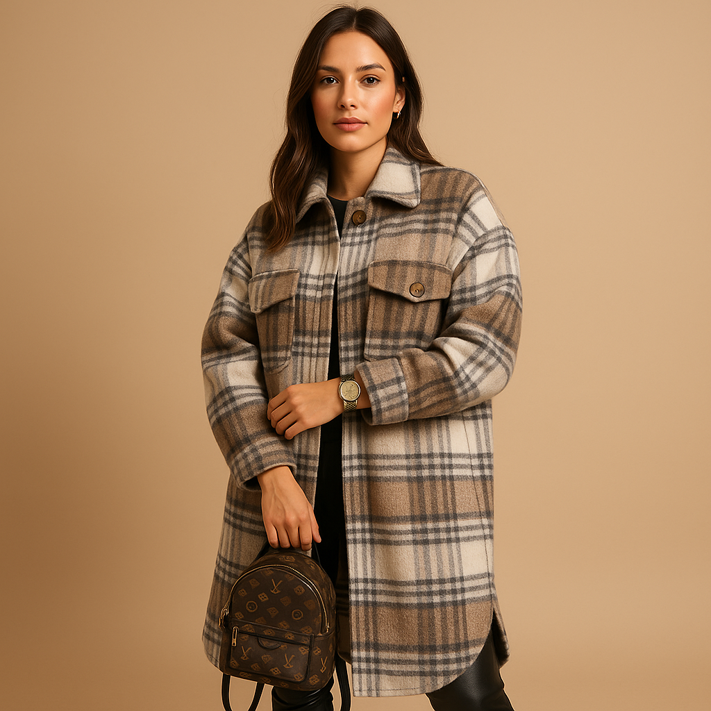 Women’s long plaid wool-look coat with tailored fit, classic lapels, and warm design for stylish everyday or formal wear.