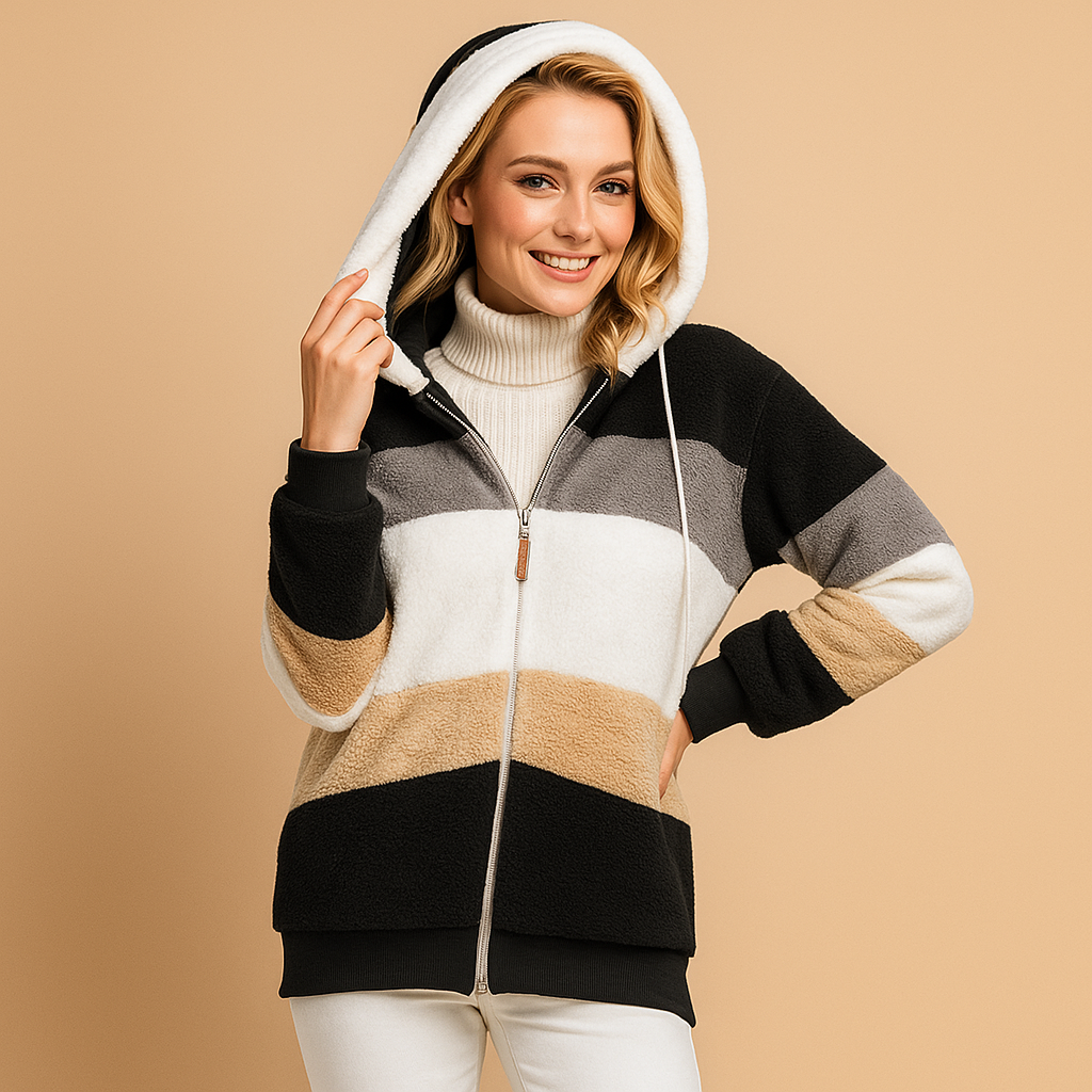 Women’s long plush winter coat with relaxed fit and soft warm fabric, ideal for cold weather and elegant winter outfits.