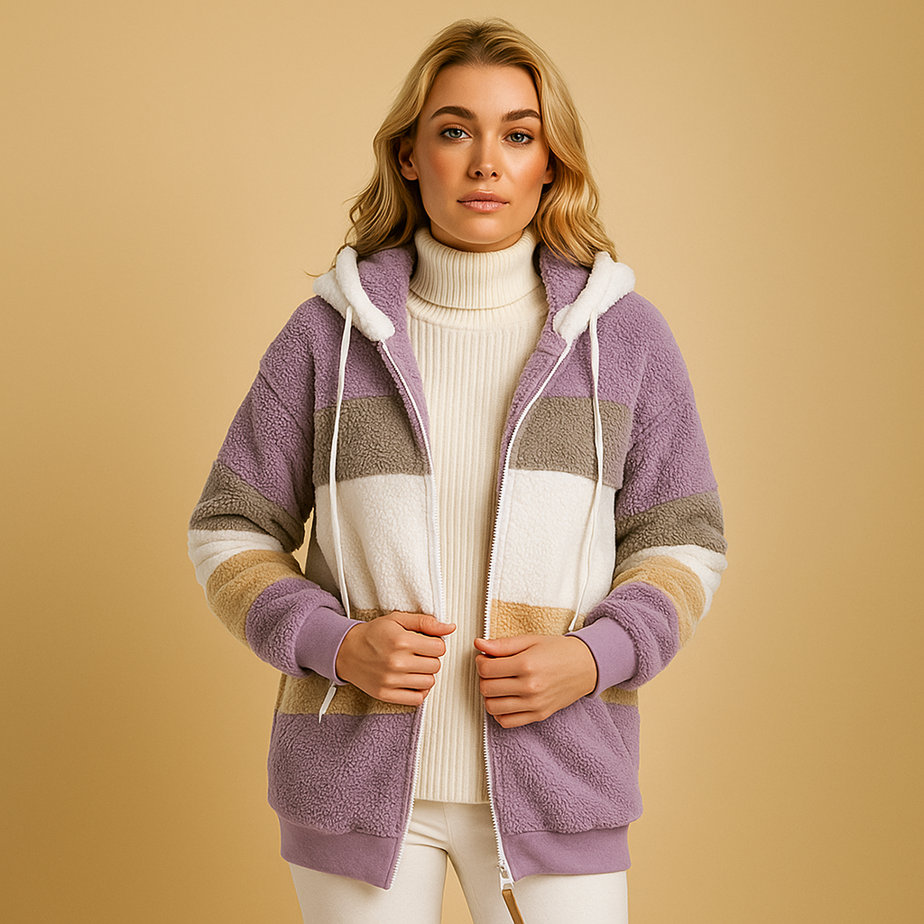 Women’s long plush winter coat with relaxed fit and soft warm fabric, ideal for cold weather and elegant winter outfits.