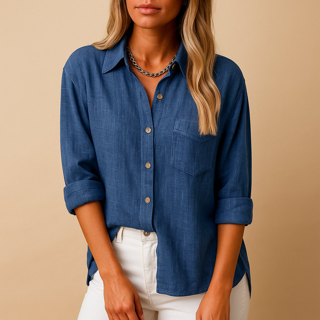 Women’s long-sleeve shirt blouse with chest pockets and a regular fit, ideal for work, casual outfits, and everyday wear.