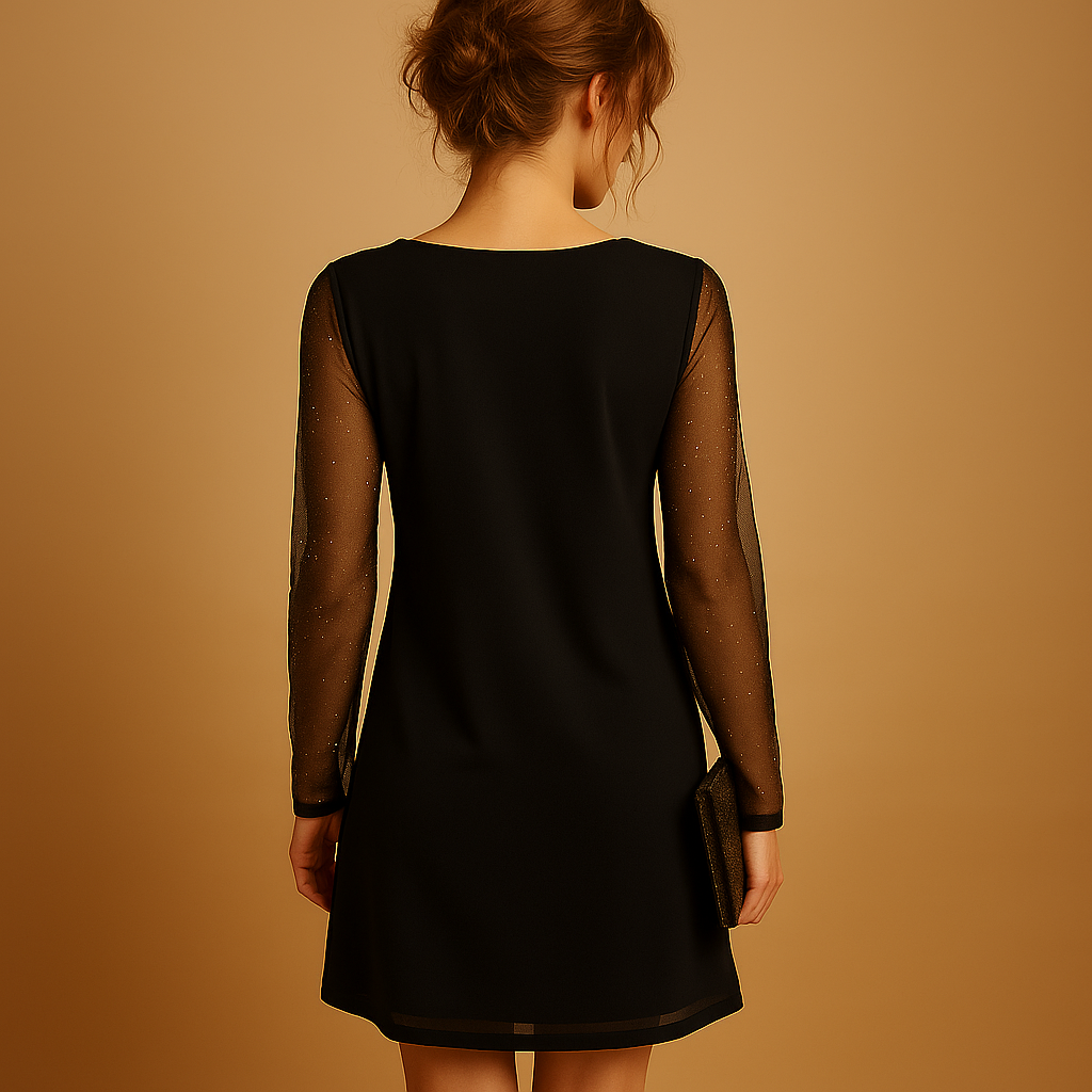 Long sleeve V-neck mini dress for women in black with above-the-knee length, ideal for parties, evening outings, and casual chic occasions.