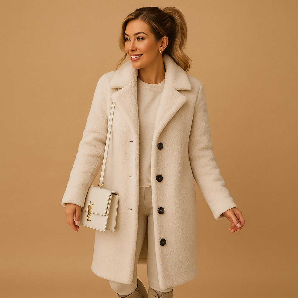 Woman wearing a long beige teddy coat with a relaxed fit and elegant silhouette, ideal for warm and stylish winter outfits.