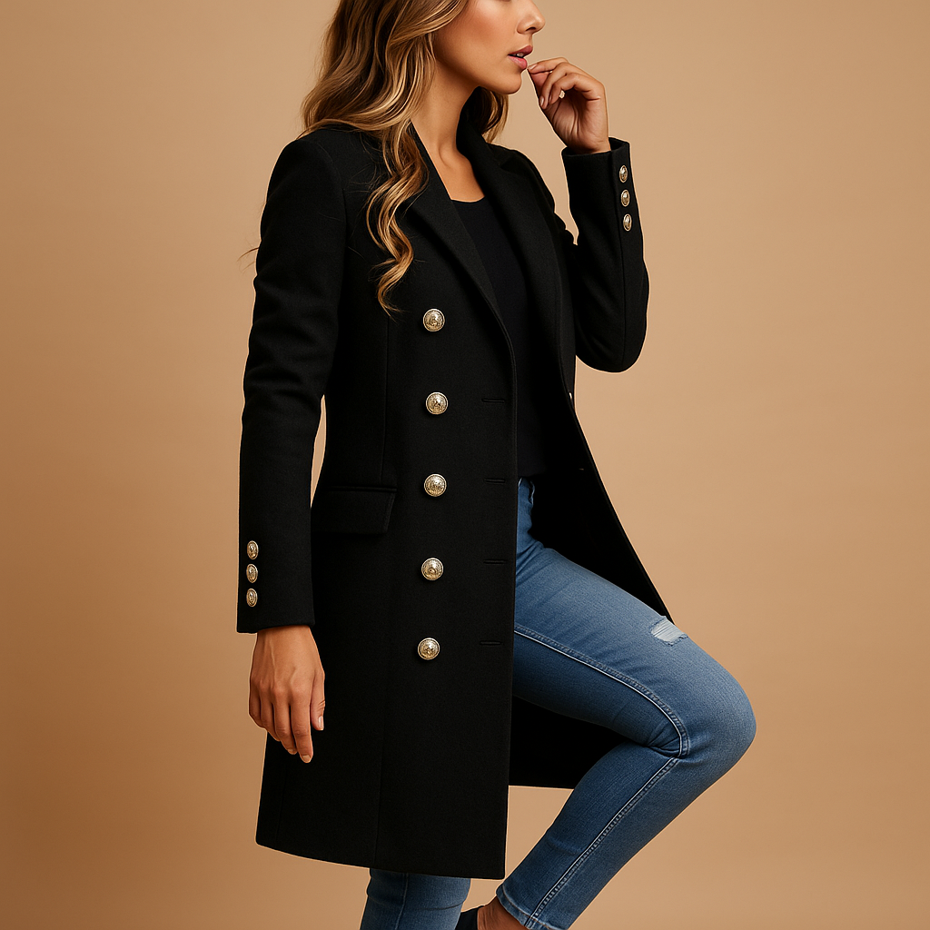Woman wearing a long belted trench coat with a tailored fit, double-breasted design, and adjustable waist belt, ideal for transitional seasons and elegant layering.