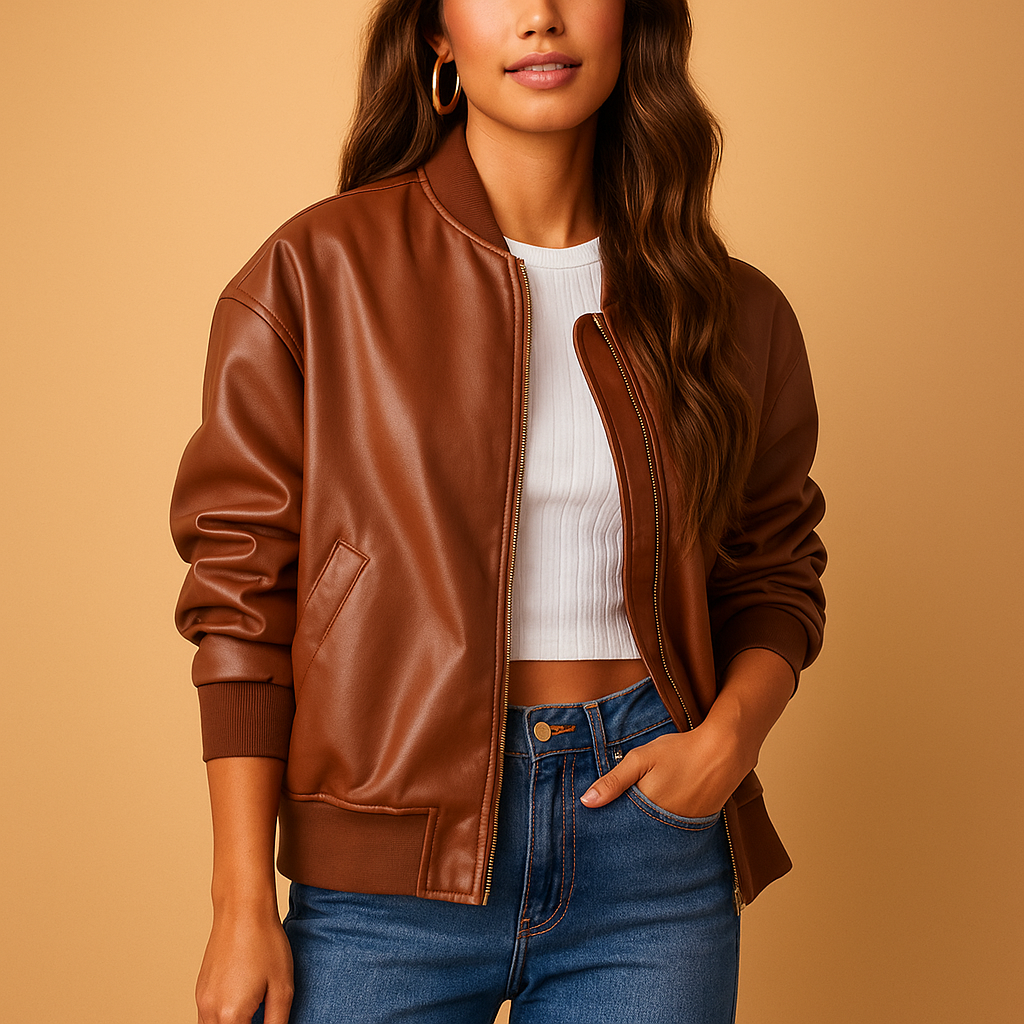 Woman wearing a long varsity style jacket for women with an extended silhouette and sporty baseball details, styled for citywear and winter outfits.