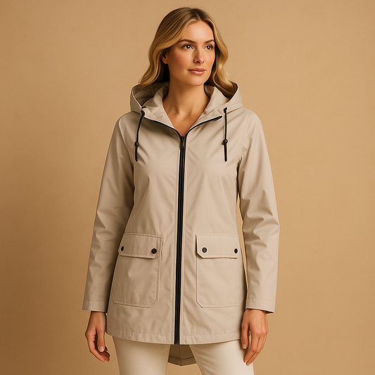 Women’s long waterproof raincoat with hood, breathable fabric, and lightweight design for stylish everyday rain protection.
