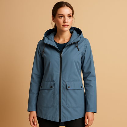 Women’s long waterproof raincoat with hood, breathable fabric, and lightweight design for stylish everyday rain protection.