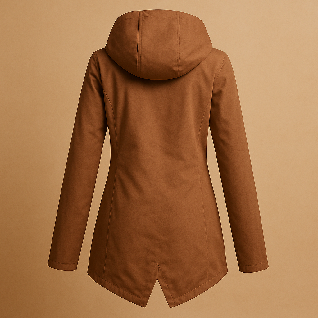 Women’s long waterproof raincoat with hood, breathable fabric, and lightweight design for stylish everyday rain protection.