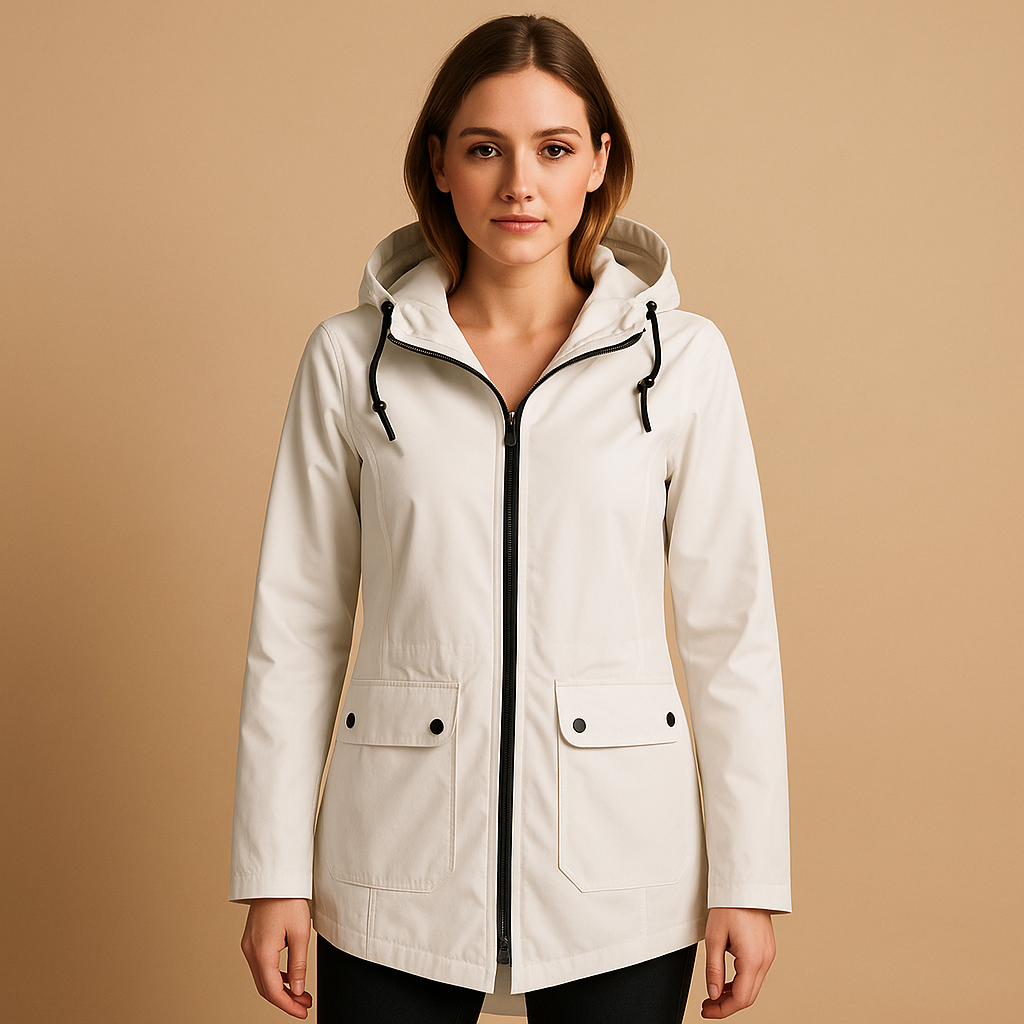 Women’s long waterproof raincoat with hood, breathable fabric, and lightweight design for stylish everyday rain protection.