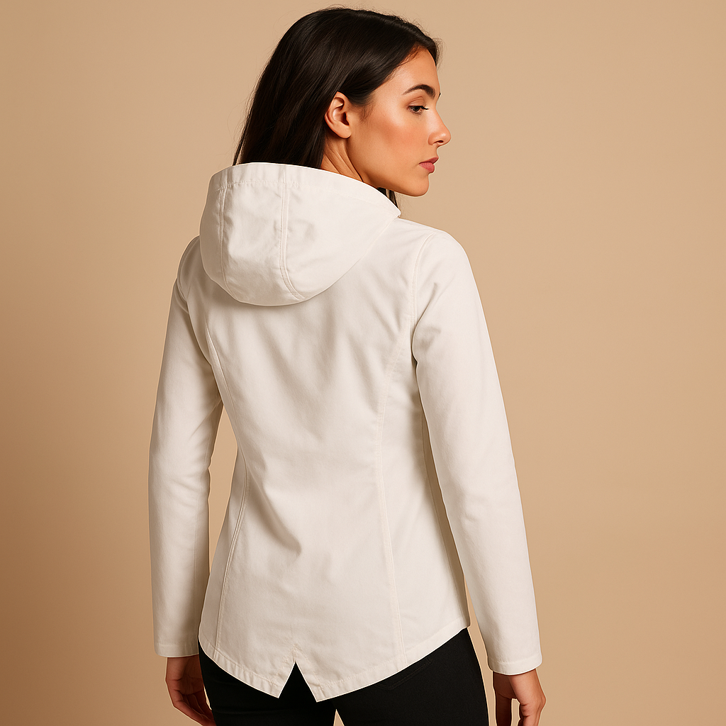 Women’s long waterproof raincoat with hood, breathable fabric, and lightweight design for stylish everyday rain protection.