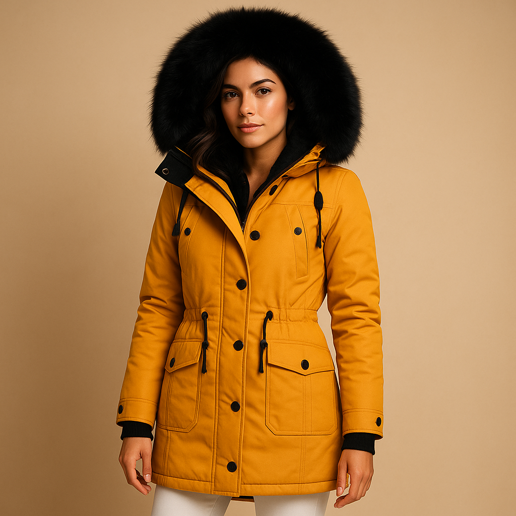 Woman wearing a long waterproof winter coat with faux-fur collar, extended silhouette, and insulated design for cold and wet winter days.