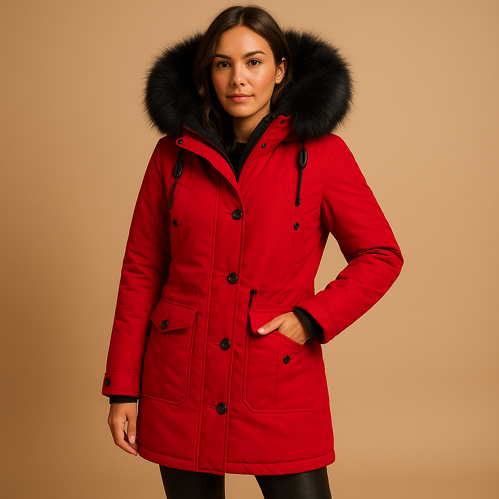 Woman wearing a long waterproof winter coat with faux-fur collar, extended silhouette, and insulated design for cold and wet winter days.