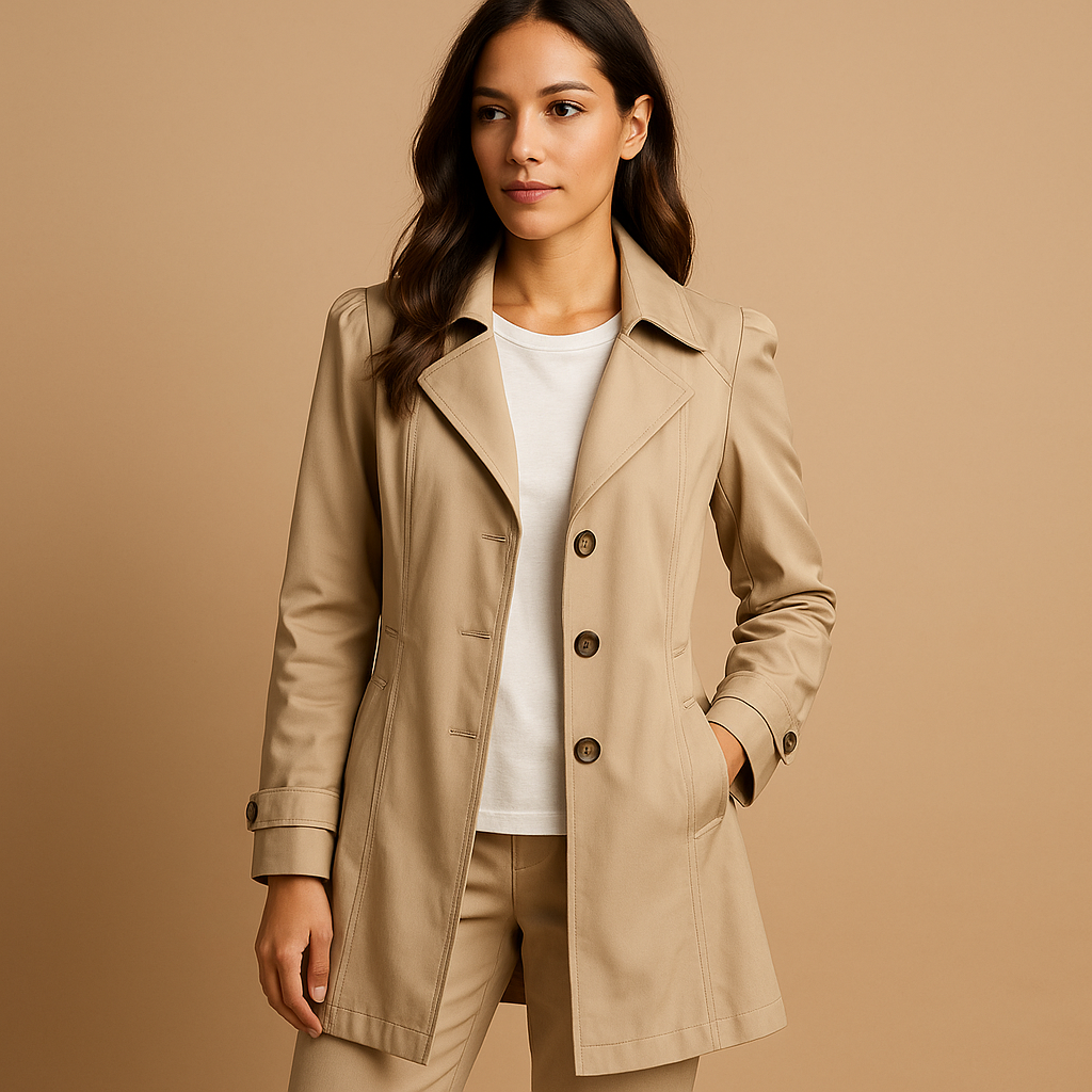 Woman wearing a long windproof raincoat with adjustable waist and hood, made from weather-resistant fabric, ideal for rainy and windy days.