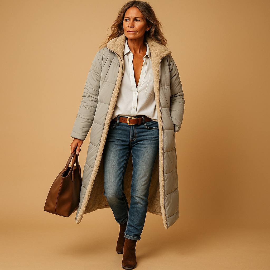Woman wearing a long insulated winter coat with a modern silhouette, ideal for work, commuting, and winter outings.