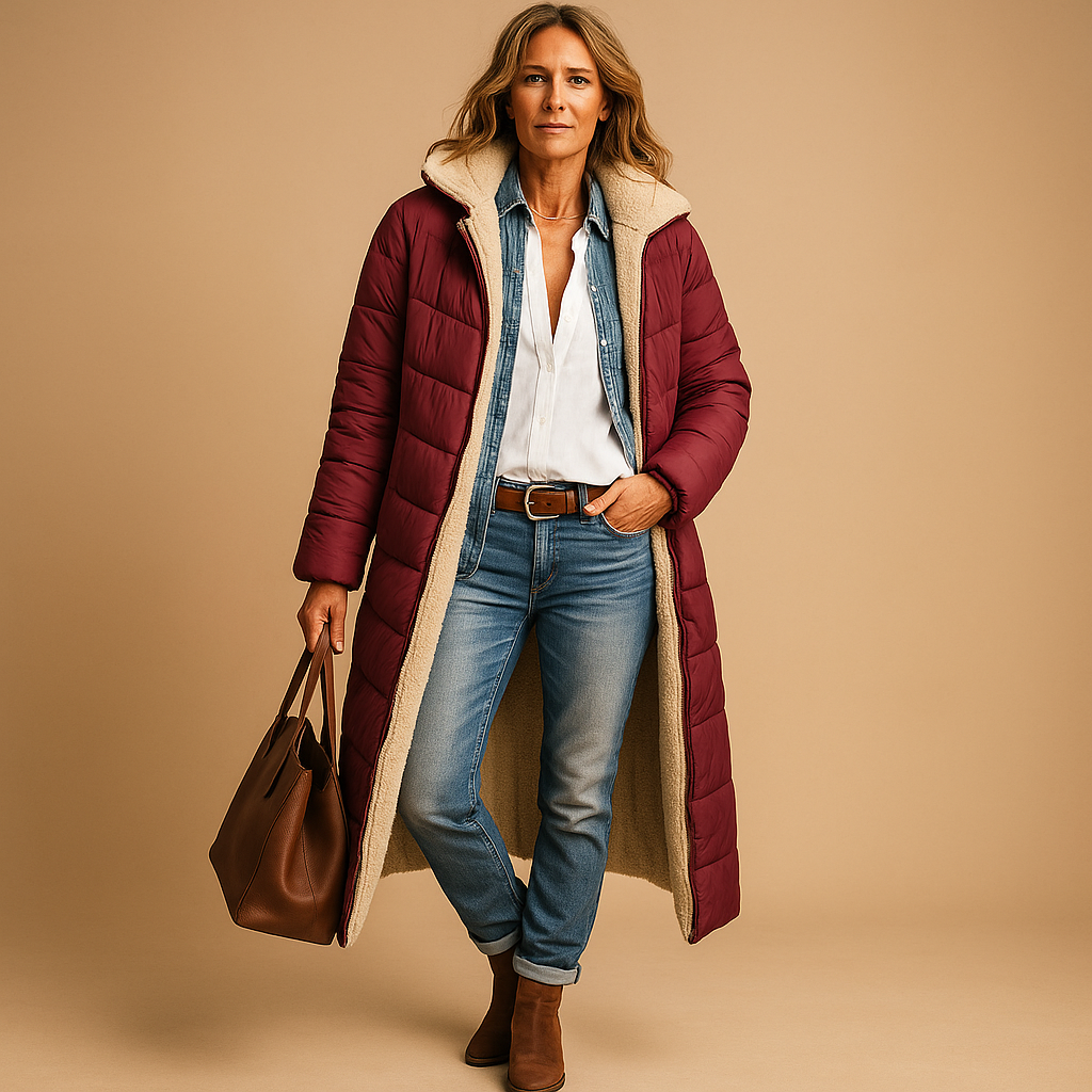 Woman wearing a long insulated winter coat with a modern silhouette, ideal for work, commuting, and winter outings.