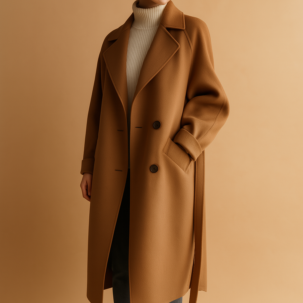 Long winter coat for women with a tailored fit, neutral colors, and a classic design suitable for casual and formal outfits.