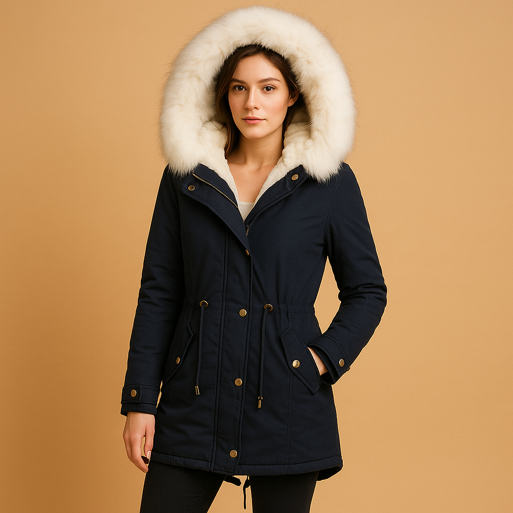 Woman wearing a long winter coat with faux fur hood, warm lining and water-repellent finish, ideal for cold and windy winter days.