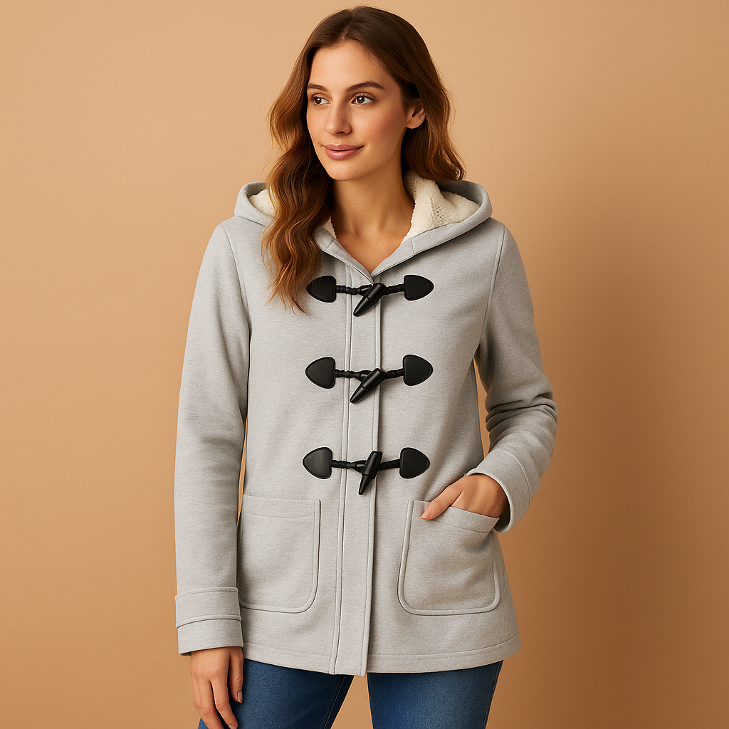 Long winter coat with hood for women, wind-resistant with a modern silhouette, available in black, khaki, and navy for full winter protection.