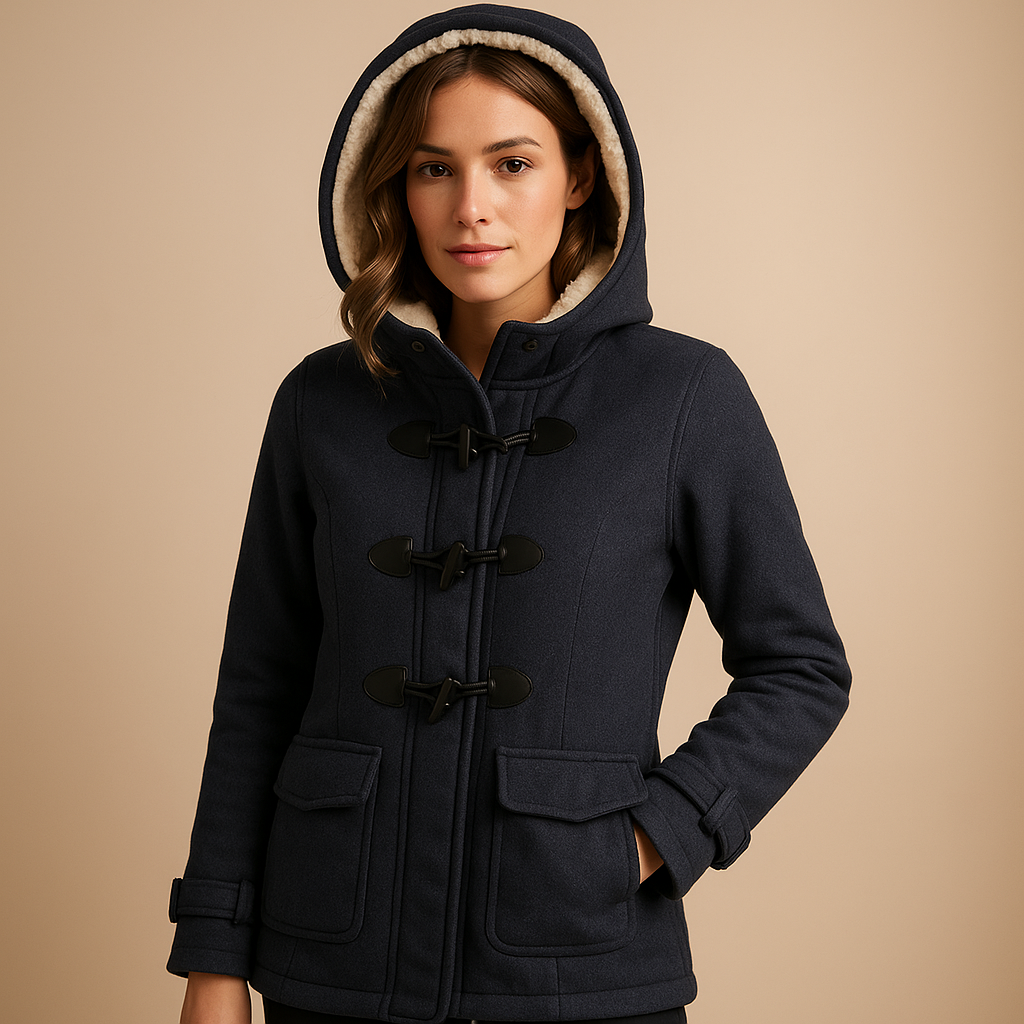Long winter coat with hood for women, wind-resistant with a modern silhouette, available in black, khaki, and navy for full winter protection.