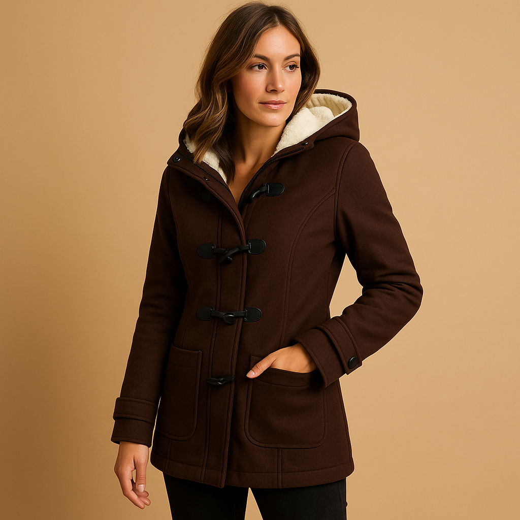 Long winter coat with hood for women, wind-resistant with a modern silhouette, available in black, khaki, and navy for full winter protection.