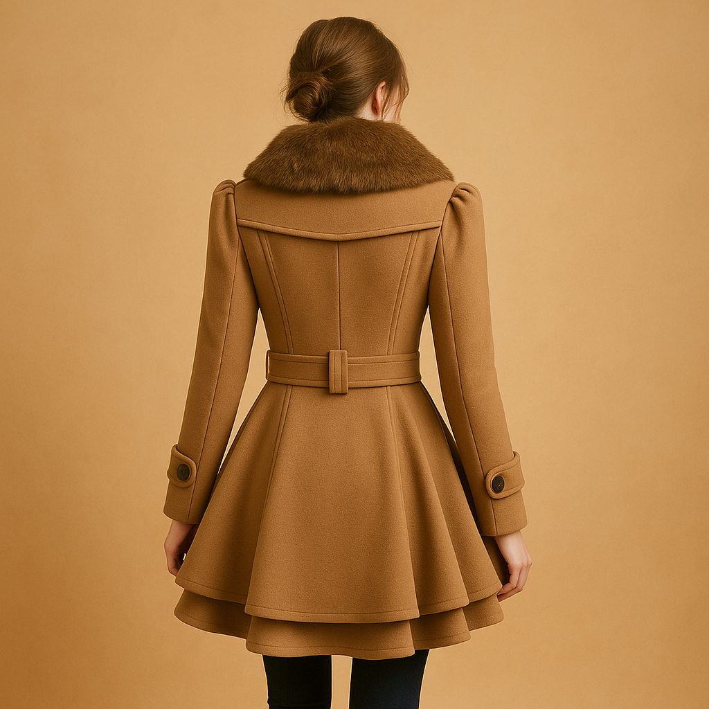 Woman wearing a long winter coat with a soft faux fur collar and tailored silhouette, ideal for warm and elegant winter outfits.