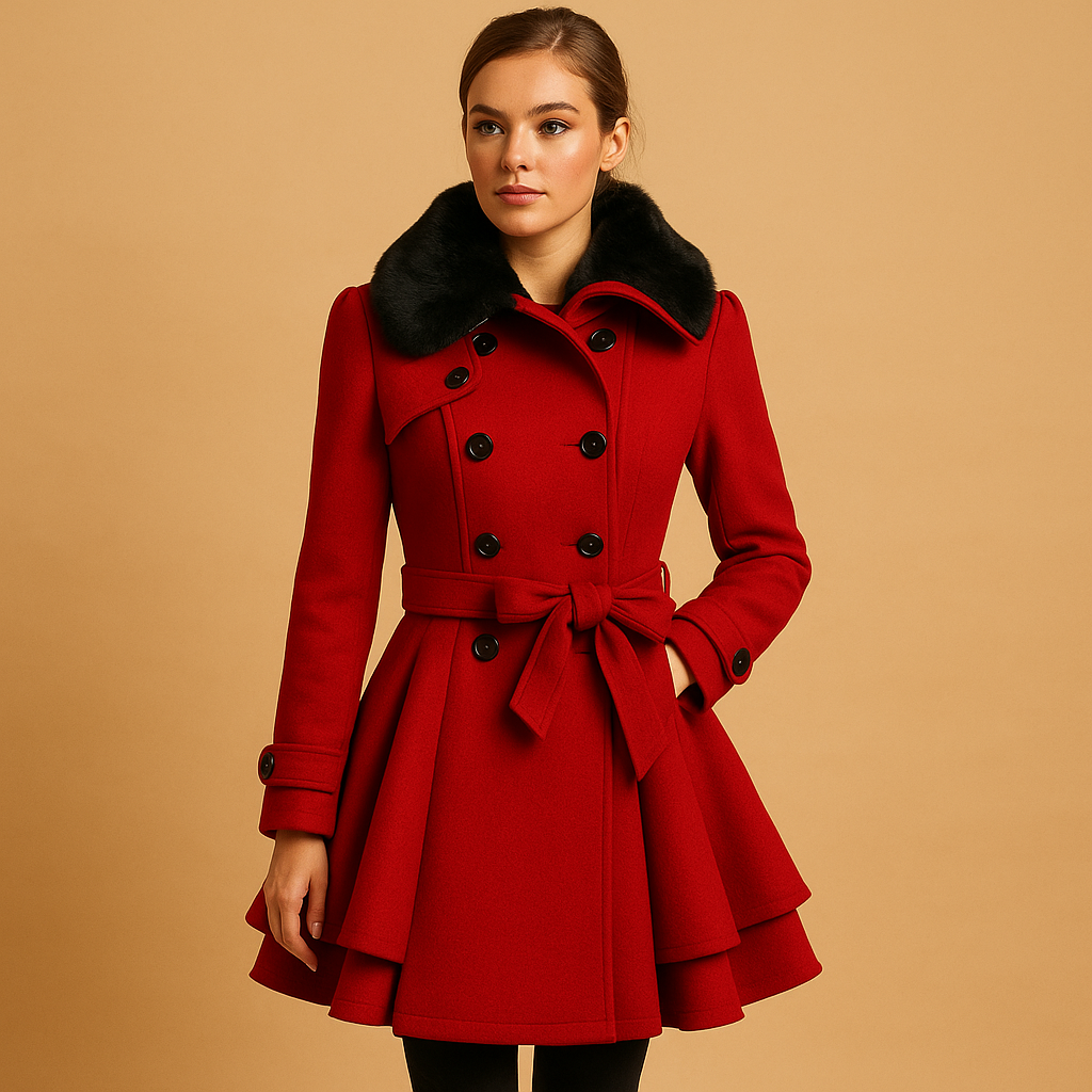 Woman wearing a long winter coat with a soft faux fur collar and tailored silhouette, ideal for warm and elegant winter outfits.