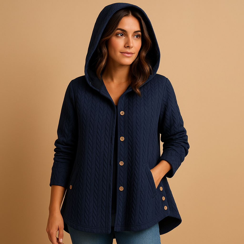 Women’s long winter coat with hood, button closure and extended silhouette, designed for warmth, comfort and everyday winter outfits.