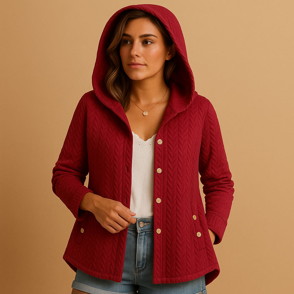 Women’s long winter coat with hood, button closure and extended silhouette, designed for warmth, comfort and everyday winter outfits.