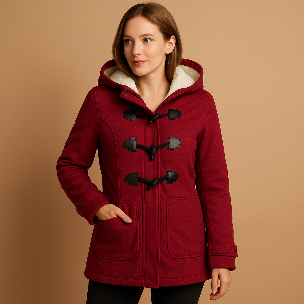 Woman wearing a long winter coat with hood and wind-resistant design, ideal for warm, stylish protection during cold weather.