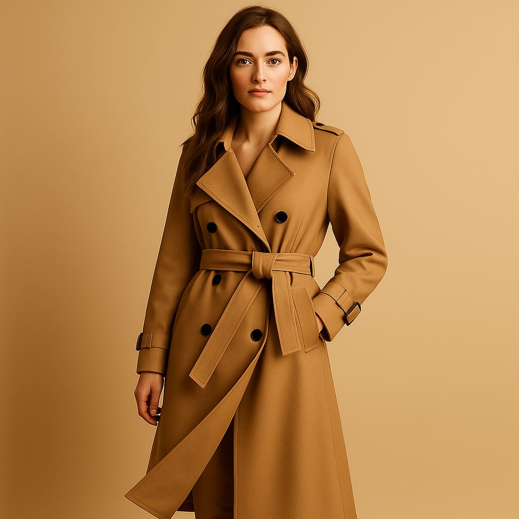Women’s long elegant winter coat with a tailored silhouette, structured shoulders, and double-breasted closure, ideal for formal and everyday winter wear.