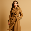 Women’s long elegant winter coat with a tailored silhouette, structured shoulders, and double-breasted closure, ideal for formal and everyday winter wear.