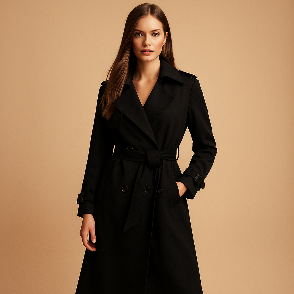 Women’s long elegant winter coat with a tailored silhouette, structured shoulders, and double-breasted closure, ideal for formal and everyday winter wear.