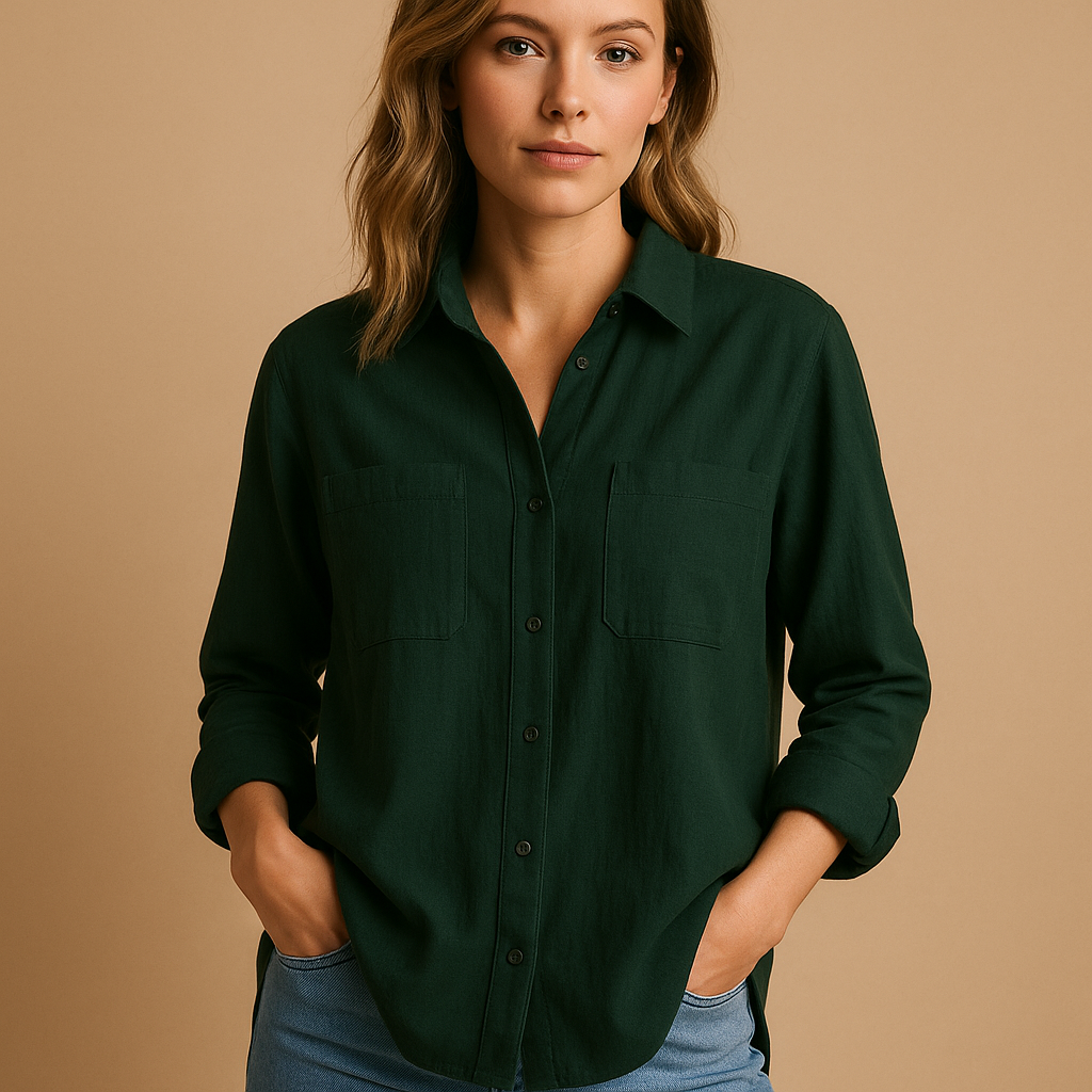 Women’s loose-fit long sleeve blouse with a classic silhouette, available in multiple colors for casual and office outfits.