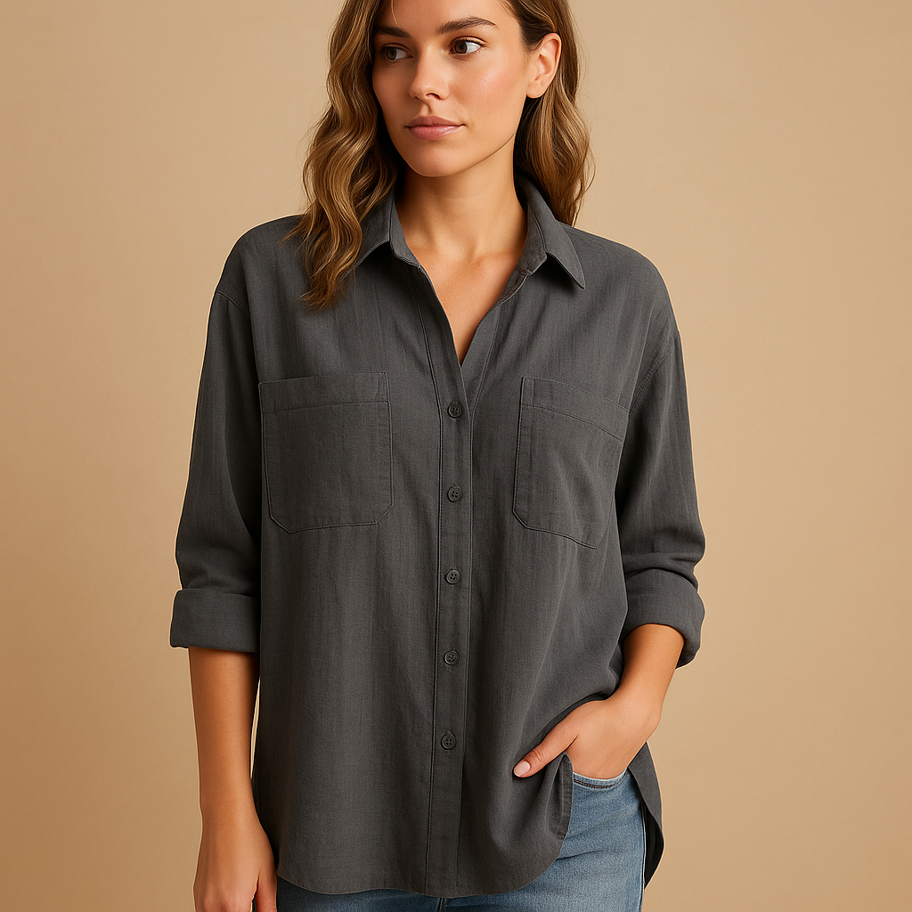 Women’s loose-fit long sleeve blouse with a classic silhouette, available in multiple colors for casual and office outfits.