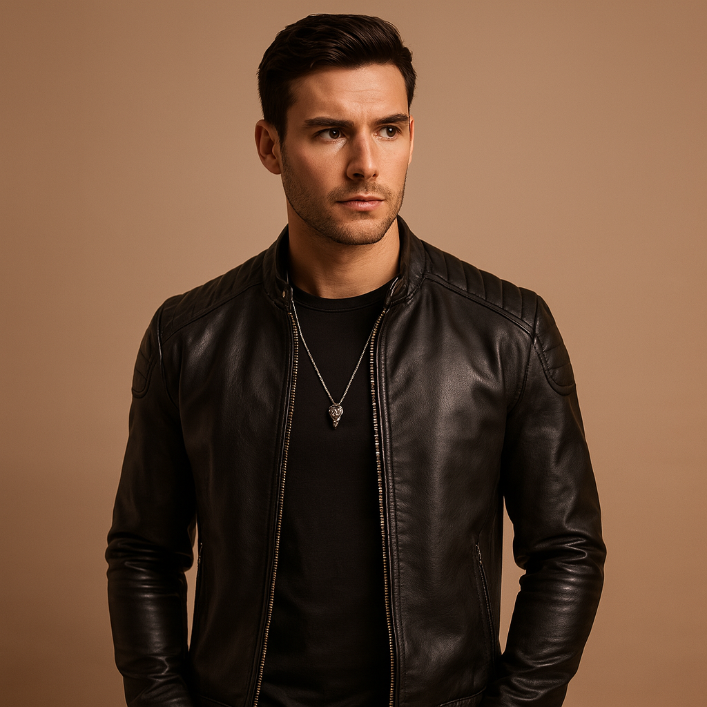 Men’s luxury biker jacket with a refined classic design and soft breathable finish, suitable for business outfits and casual everyday wear.