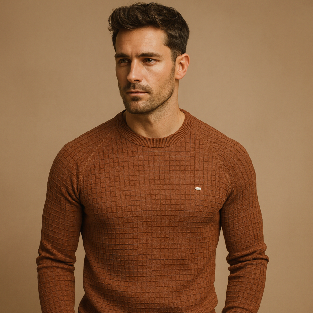 Men’s warm knitted crewneck sweater with soft fabric and a relaxed, timeless fit for autumn and winter wear.