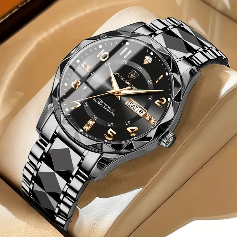 Men's Dress Watch with Analog Day Date Window Faceted Bezel and Sunburst Dial - Image 1