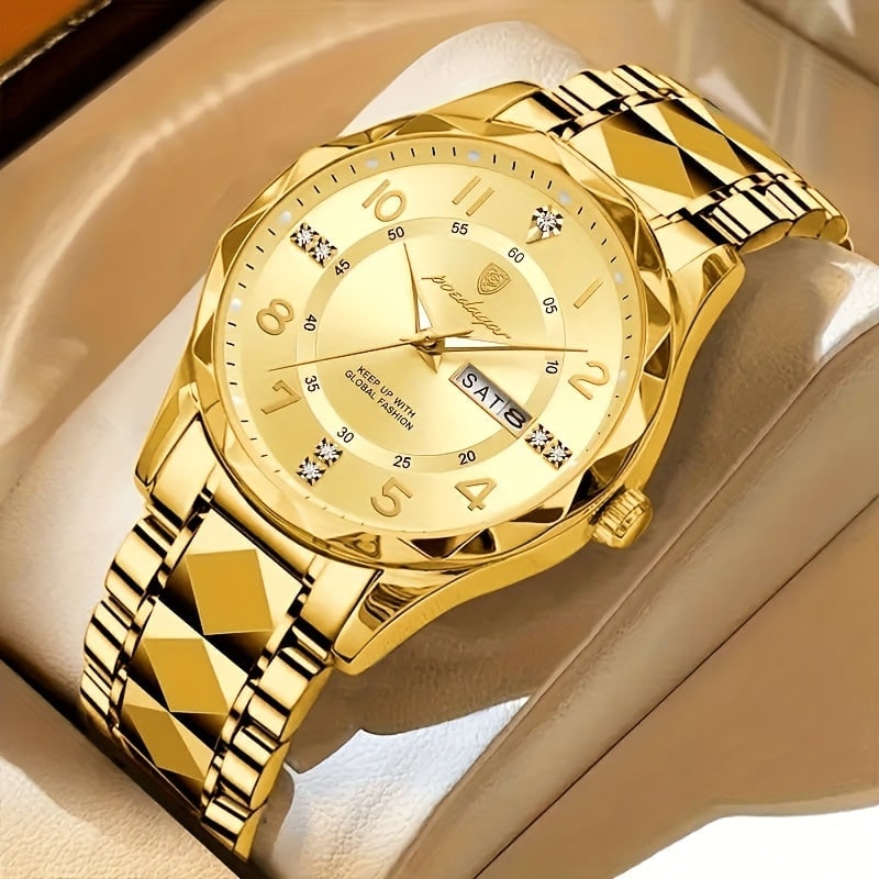 Men's Dress Watch with Analog Day Date Window Faceted Bezel and Sunburst Dial - Image 12