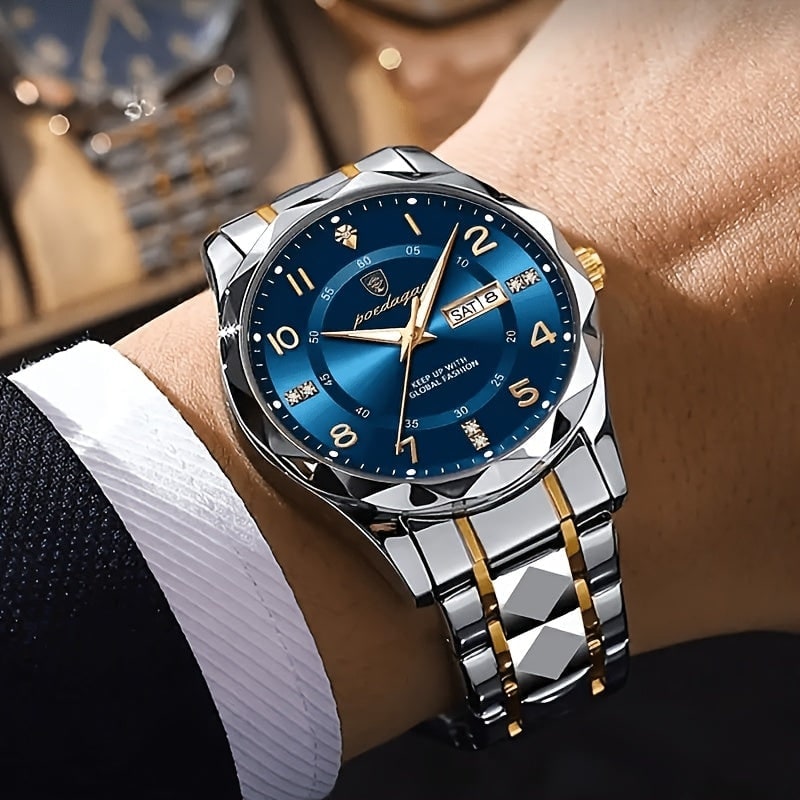 Men's Dress Watch with Analog Day Date Window Faceted Bezel and Sunburst Dial - Image 3