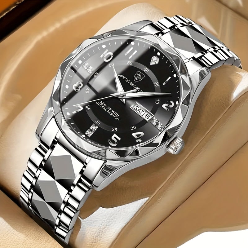 Men's Dress Watch with Analog Day Date Window Faceted Bezel and Sunburst Dial - Image 5