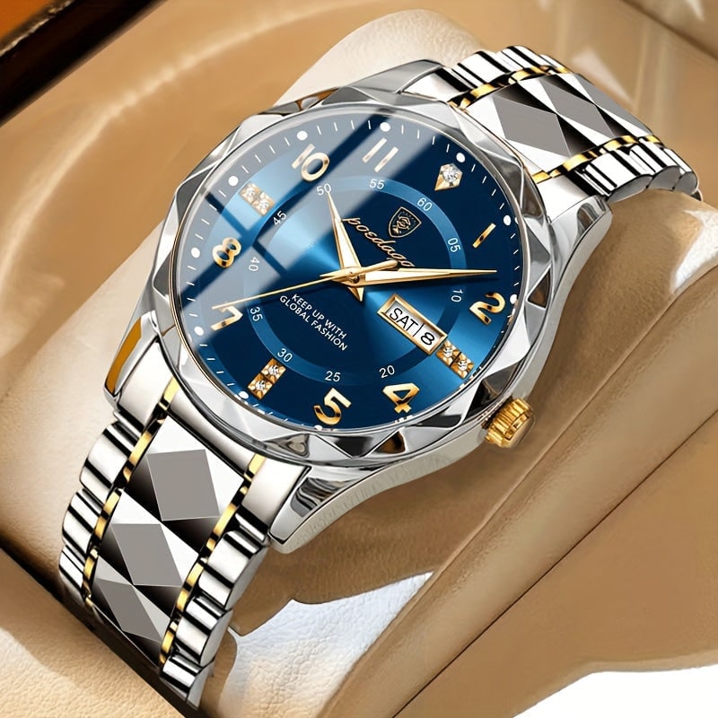 Men's Dress Watch with Analog Day Date Window Faceted Bezel and Sunburst Dial - Image 6