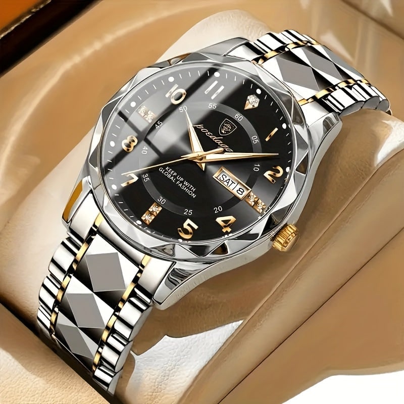 Men's Dress Watch with Analog Day Date Window Faceted Bezel and Sunburst Dial - Image 7
